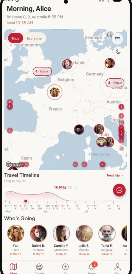 The Noovo map, showing friends' upcoming trips across Europe